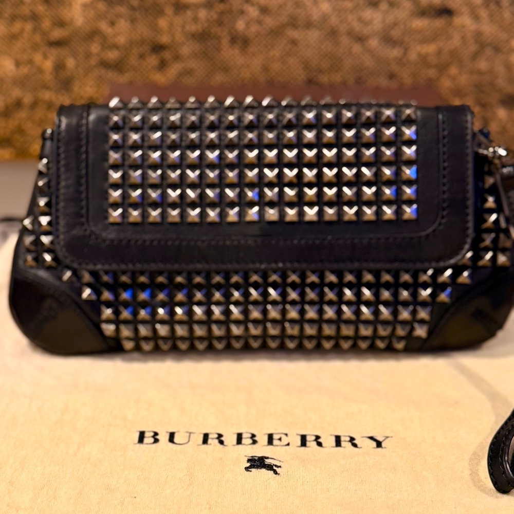 Black Leather BURBERRY Gunmetal Studded Wristlet Purse/Clutch EXCELLENT